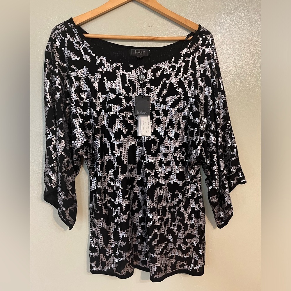 Belldini Womens Viscose Sequined Black Kimono Sleeves Party Top Blouse Sz L NWT